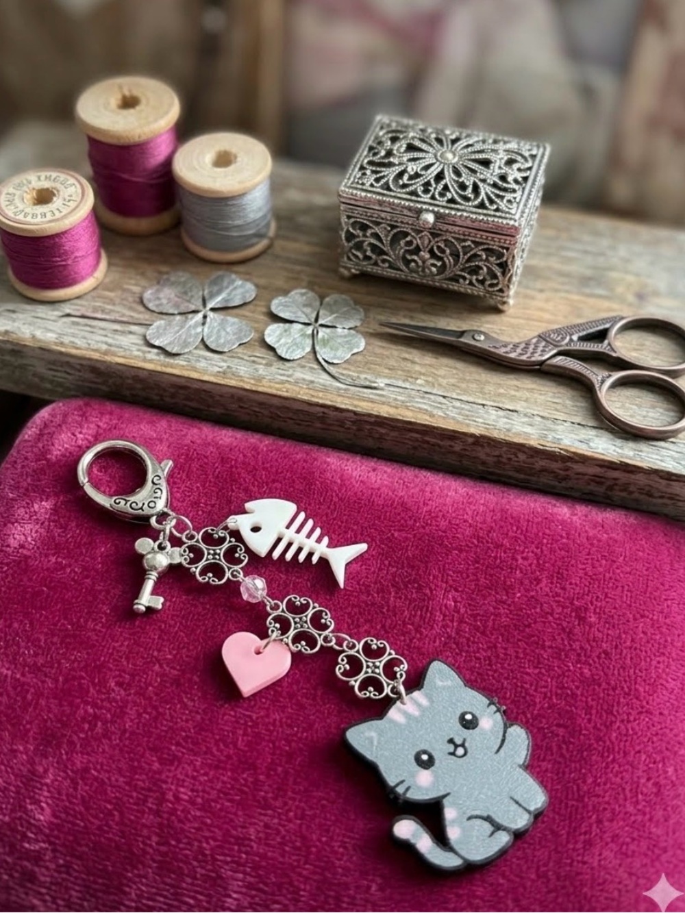Hand Crafted Pink & Gray Cute Cat Bag Charm with Heart & Fishbone NWOT